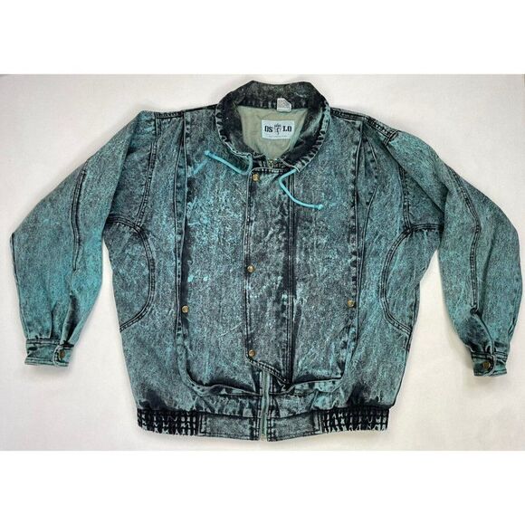 VINTAGE Oslo Denim Jean Jacket Men Medium Acid Wash Blue Black 80s 90s - Picture 1 of 7